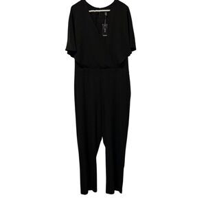 Alfani Jumpsuit Womens 16 Black Cape Sleeve Surplice Overlay Stretch Evening